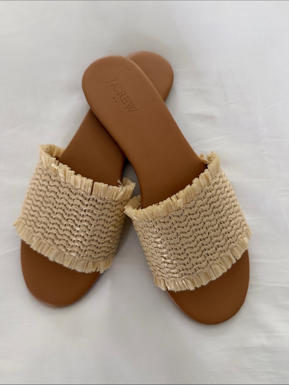 J. Crew Brown Slide Sandals with Cream Raffia Strap